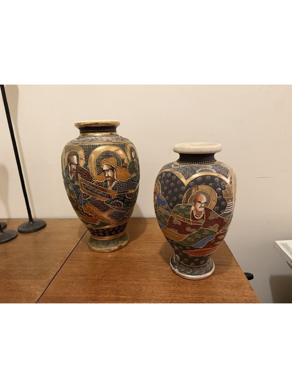 PAIR of Vintage Japanese Satsuma-Style Vases Hand Painted Made in Japan